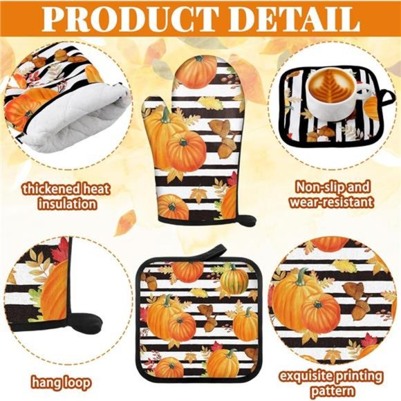 6 Pcs Pumpkin Oven Mitts and Kitchen Towel Sets Thanksgiving Decor - Picture 2 of 6